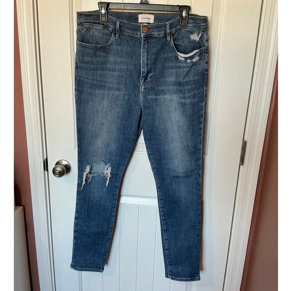 Frame Le High Skinny Saxon Distressed Jeans W34 Medium Wash